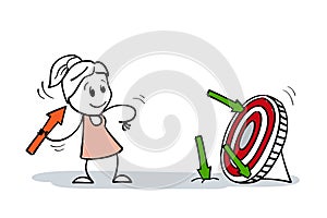 Successful stick woman shoots arrows at target and misses. Cartoon stick figure woman smiling at difficulties and does not lose