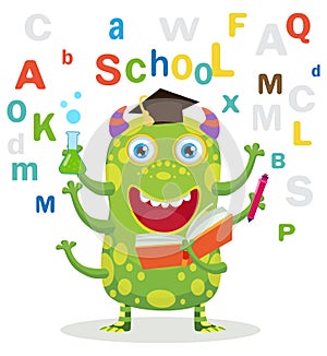 Successful Student. Funny Education Monster In White Background. Cartoon Vector Illustrations. Back To School Theme.