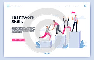 Successful team. Career development assistance, businessmen hold gold cup trophy and teamwork skills landing page vector