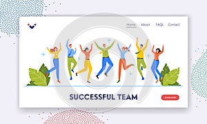 Successful Team Landing Page Template. Happy People Jumping, Young Joyful Office Employees or Business Characters Jump