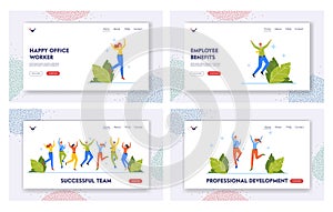 Successful Team Landing Page Template Set. Happy People Jumping, Joyful Office Employees or Business Characters Jump