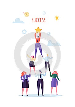 Successful Team Work Concept. Pyramid of Business People. Leader Holding Star on the Top. Leadership, Teamworking