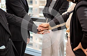 Successful and teamwork concept, Business people team joining hands after meeting in modern office