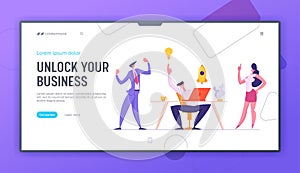 Successful Teamwork Concept Web Banner with Group of Business People Characters Launching Start Up Project