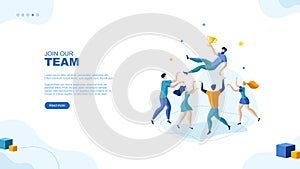 Successful teamwork page concept. People celebrate the victory of the team. Template for your design works. Vector graphics.