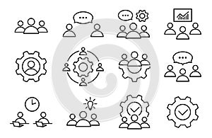 Successful teamwork process line icon set in flat