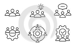 Successful teamwork project line icon set in flat