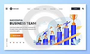 Successful teamwork and support of team leader. People climb chart for the prize, business metaphor. Vector illustration