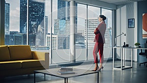 Successful Thoughtful Caucasian Businesswoman Wearing Perfect Red Suit Standing in Office Looking