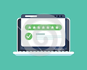 Successful web browser Login page on Laptop Screen with password form. Security, personal access, user authorization