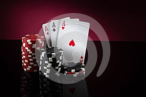 Successful win with three aces playing cards. Poker game with three of a kind or set combination