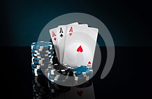 Successful win with three aces playing cards. Poker game with three of a kind or set combination