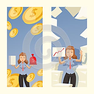 Successful woman in business career, female manager of profitable company, vector illustration