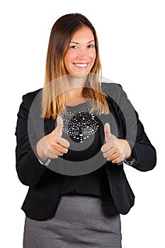 Successful woman. Female with thumbs up. Smiling