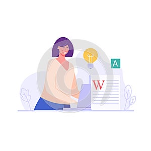 Successful woman with a laptop writing or editing a text. Concept of copywriting, journalism, writing, copyright idea. Vector