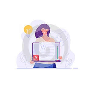 Successful woman with a laptop writing or editing a text. Concept of copywriting, journalism, writing, copyright idea. Vector