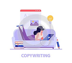 Successful woman lies with laptop, writing or editing a text. Concept of copywriting, journalism, writing, copyright idea,