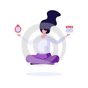 Successful woman in lotus position controls tasks and time. Concept of time managment, deadline, self control, self discipline.