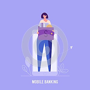 Successful woman puts money on wallet with coins and credit card. Concept of banking, e-wallet, deposit, cash back. Vector