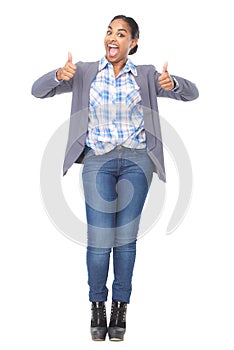 Successful woman with thumbs up gesture