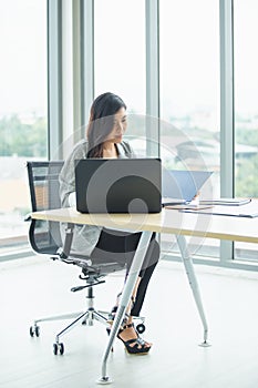 Successful women business working with folder and laptop in office.