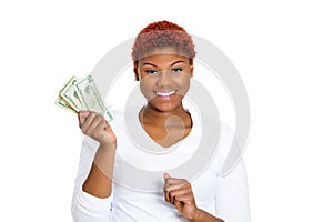 Successful young business woman holding money dollar bills