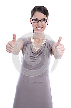 Successful young business woman thumbs up - isolated on white.