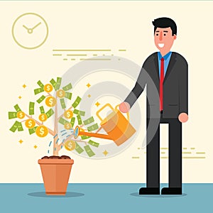 Successful young businessman or broker watering money tree. Cart