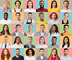 Successful Young Multicultural People Posing Over Colorful Backgrounds, Creative Collage