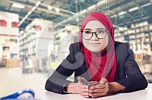 successful young muslimah businesswomen over abstract double exposure background