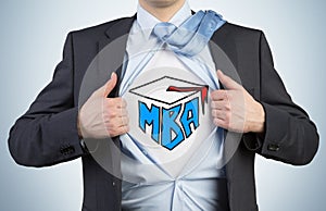 Successful young student is tearing the shirt. Business education icons are drawn on the chest.