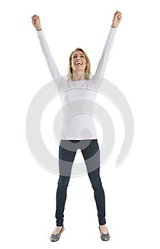 Successful Young Woman With Arms Raised