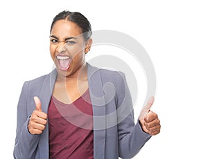 Successful young woman with thumbs up gesture