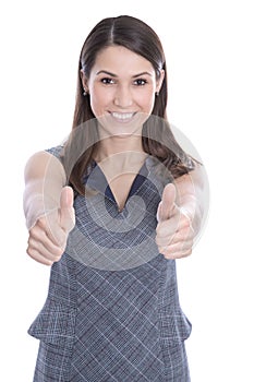 Successful Young woman with thumbs up - isolated on white