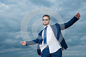 successfull boss in suit on sky background. boss in suit outdoor. boss in business suit.