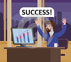 Successfull businessman joiful happy, performance graphs growth are on the top of success. Profitable investment, stock