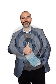 Successfull businessman with one hand thumb up