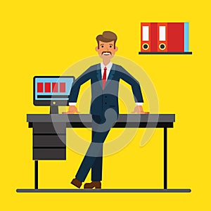 Successfull businessman standing near office table. Flat vector illustration