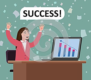 Successfull businesswoman joiful happy, performance graphs growth are on the top of success. Profitable investment