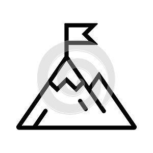 Successfull mission, black line icon, business concept. Flag on mountain peak