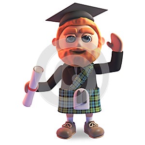 Successfull Scottish man in kilt and mortar board graduates holding his diploma, 3d illustration