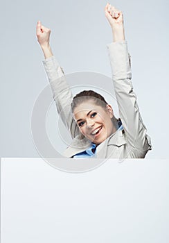 Successfull young business woman portrait out the blank white b