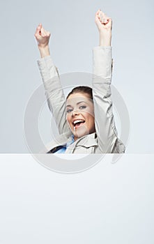 Successfull young business woman portrait out the blank white b
