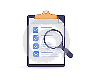 Successfully complete business assignments icon. Education test, to do list. Magnifying glass with a checklist.