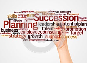 Succession Planning word cloud and hand with marker concept