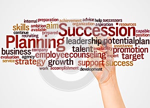 Succession Planning word cloud and hand with marker concept photo