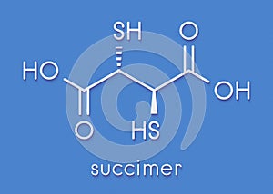 Succimer dimercaptosuccinic acid, DMSA lead poisoning drug molecule. Antidote used in heavy metal poisoning; acts by forming.