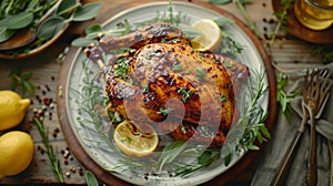 Succulent charcoal-grilled chicken turkey with fresh herbs and lemon. top view