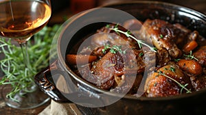 Succulent Coq au Vin in Cast Iron Skillet Paired with Wine for Gourmet Culinary Concepts