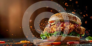 Succulent, fresh and crispy fried chicken burger burger, with tomato sause and flying ingredients, and boken style out of focus